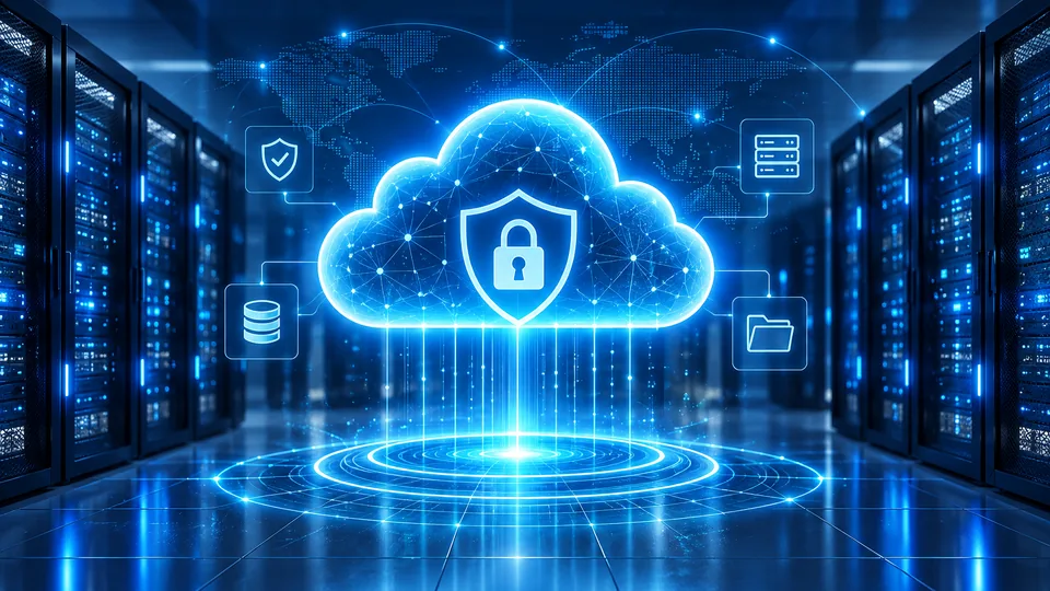 Leuchtende Cloud mit Schutzschild und Schloss zwischen Serverracks