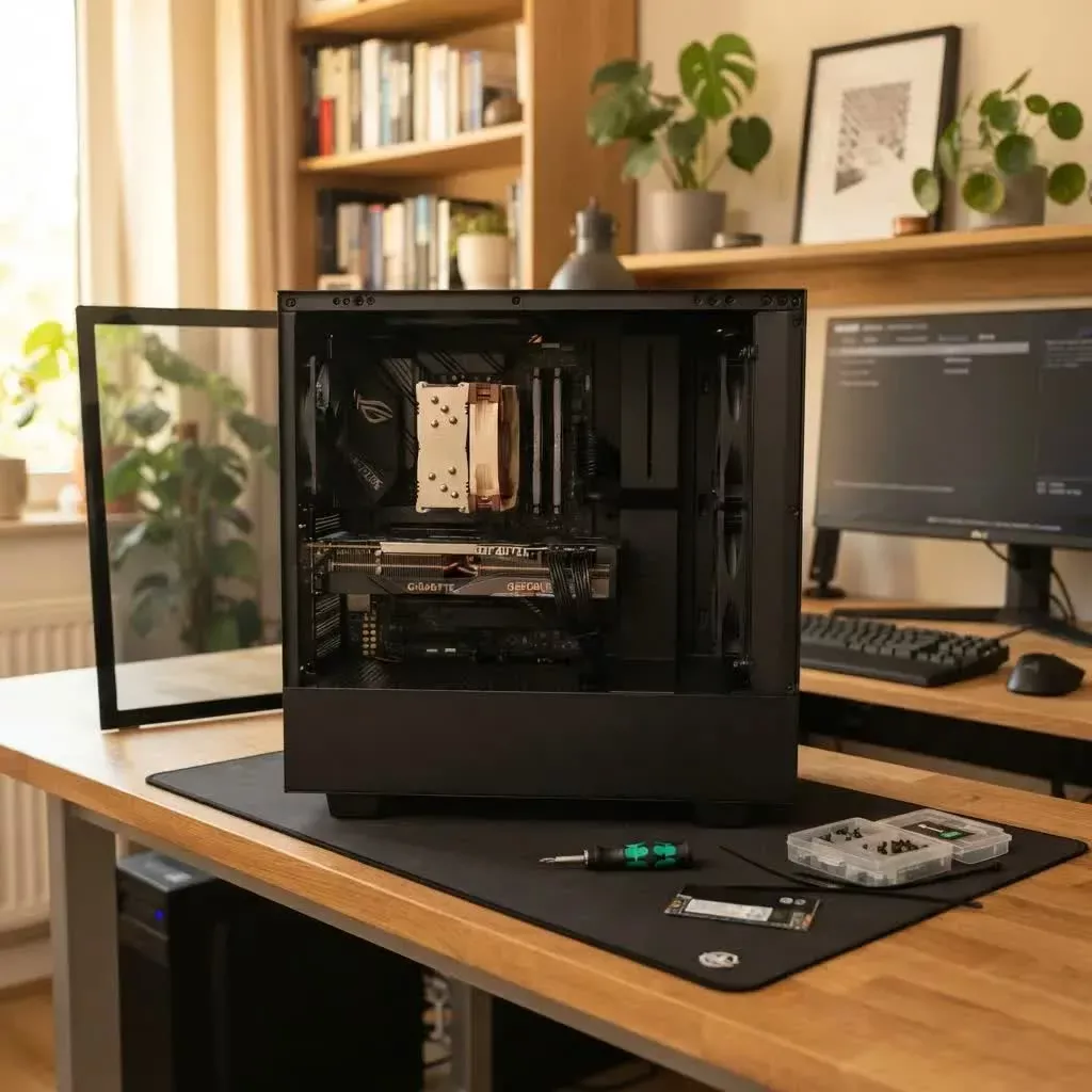 Geöffneter Desktop-PC mit sichtbaren Komponenten beim Aufrüsten auf einem Schreibtisch